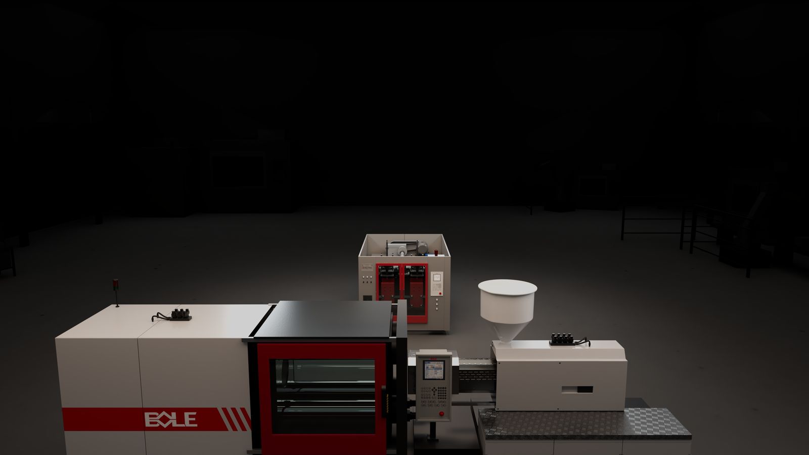 Wide shot of both machines in the showroom