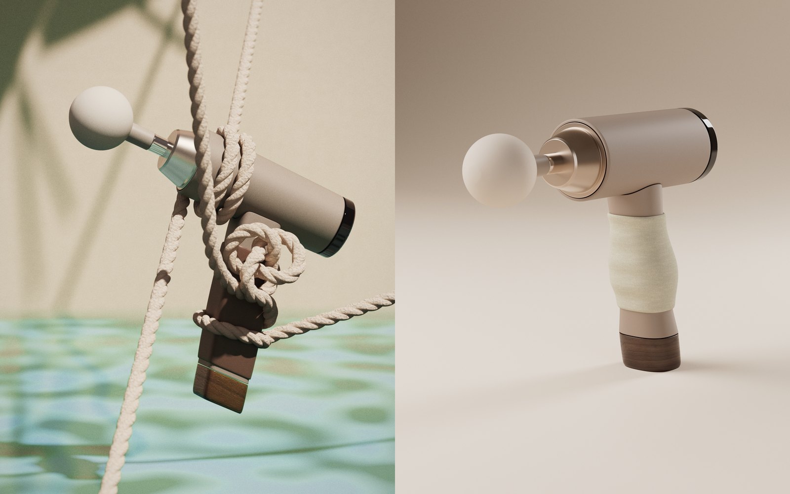 Halvo massage gun concept: bound in rope over water, and standing in the studio