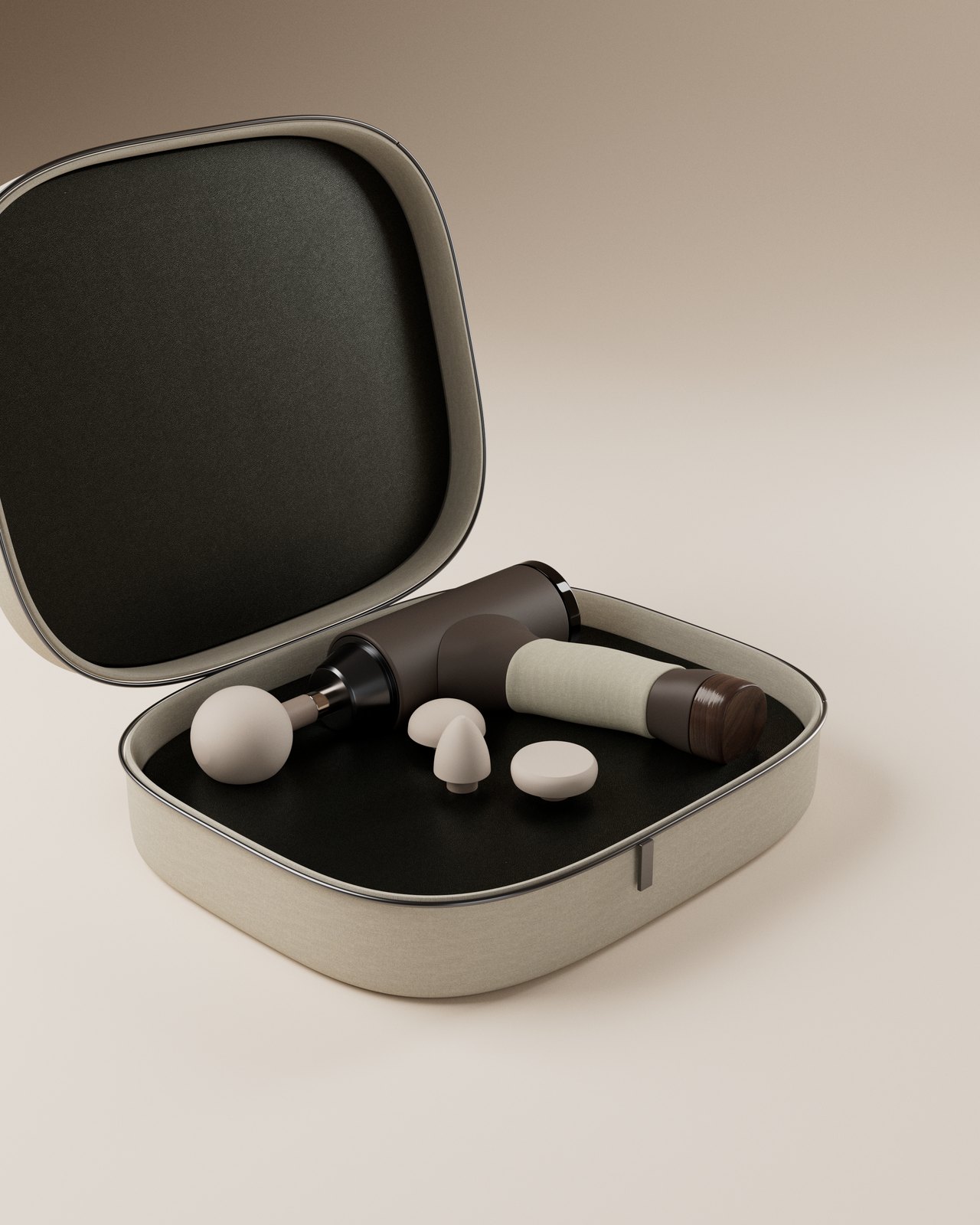 The Halvo travel case open, with the gun and four heads in a fitted lining