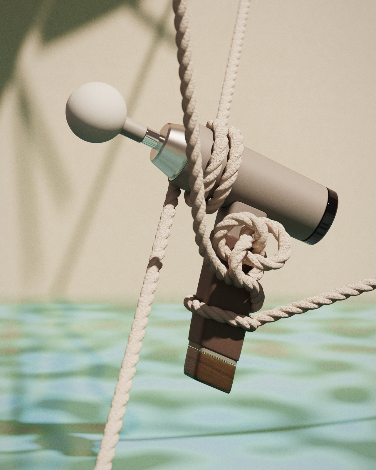 The Halvo bound in rope beside a pool, with palm shadows on a plaster wall