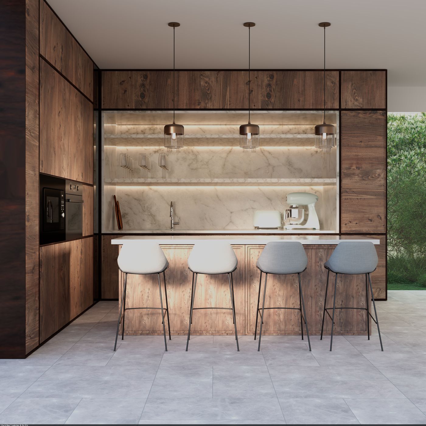 Open kitchen in dark timber and stone with bar stools