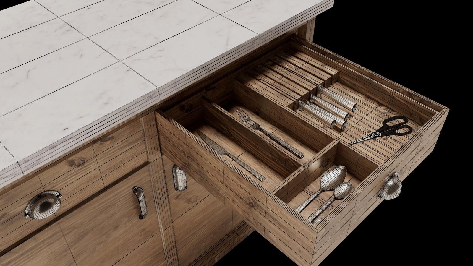 The cabinet unit with a tiled worktop