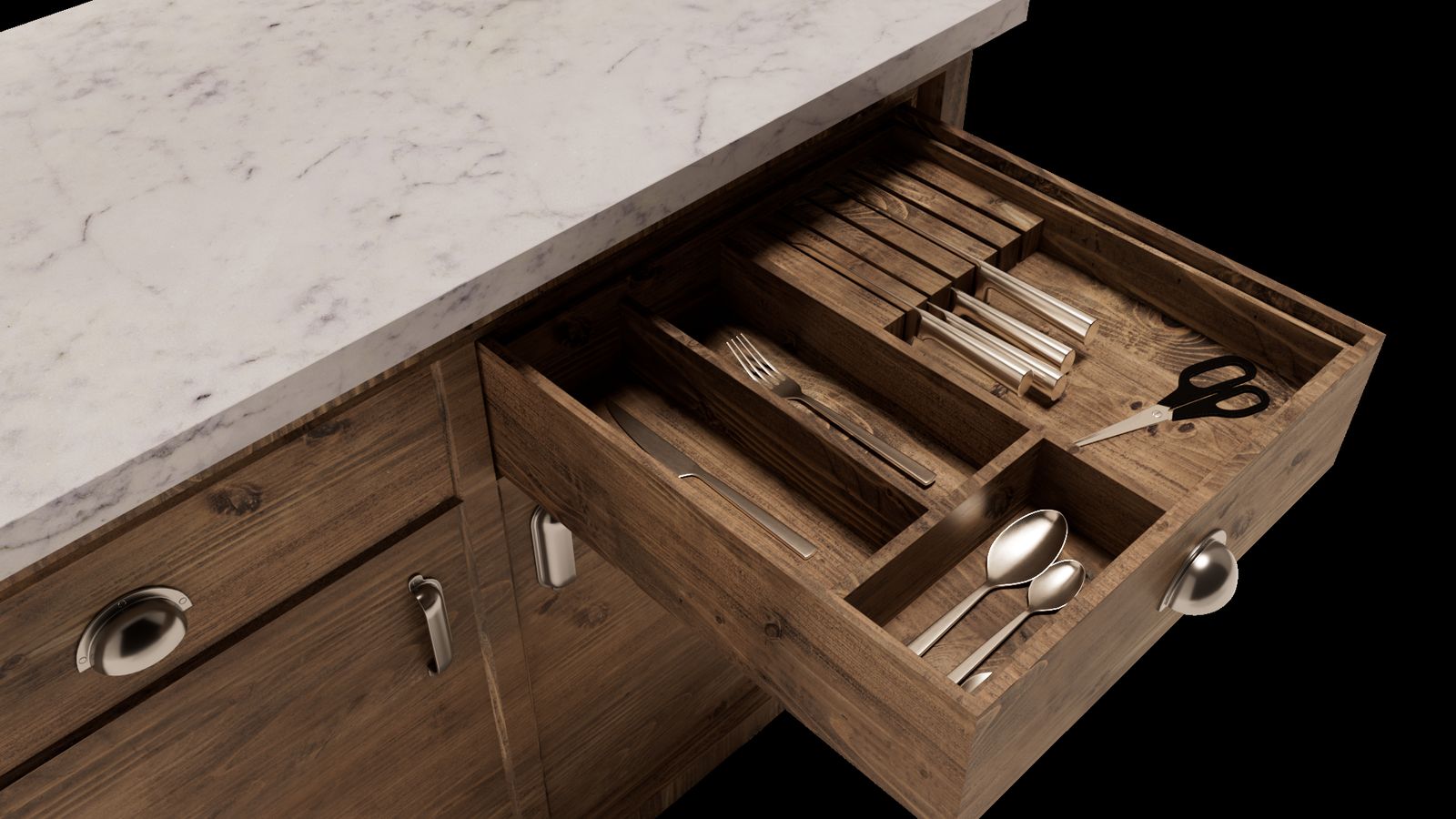 Close-up of the open oak cutlery drawer