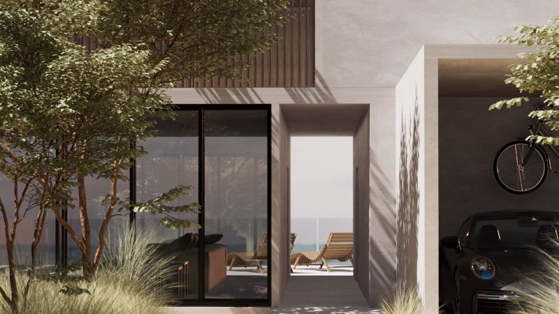 Detail of the villa entrance and glazing
