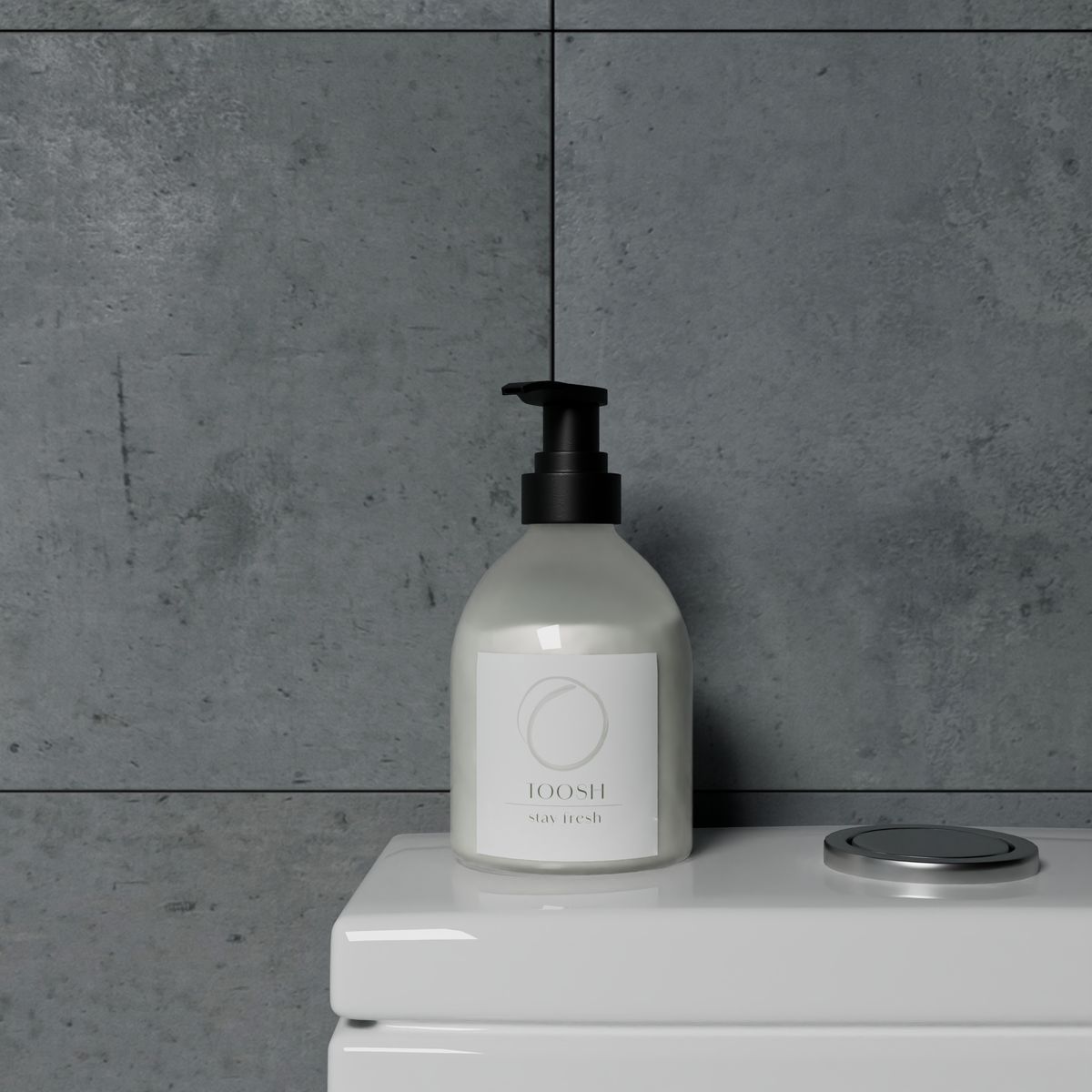 Toosh bottle on a bathroom shelf against concrete